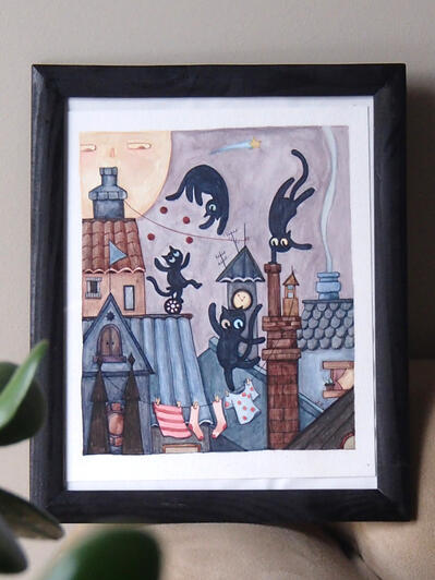 On the Rooftop, Under the Moon Watercolor (8" x 10") $160