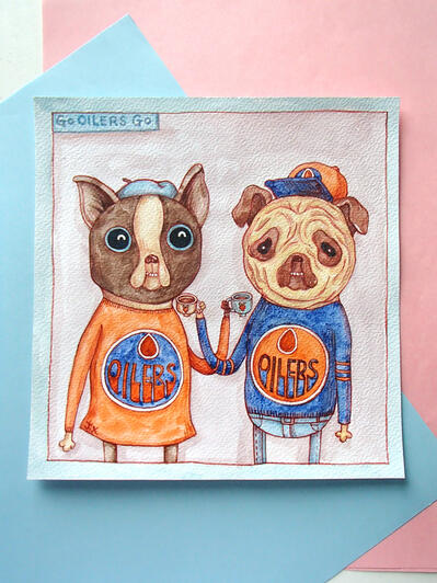 Oilers Dogs Watercolor (8" x 10") $160