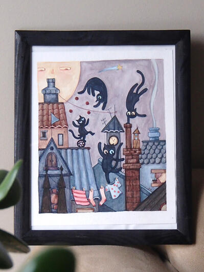 On the Rooftop, Under the Moon Watercolor (8" x 10") $160